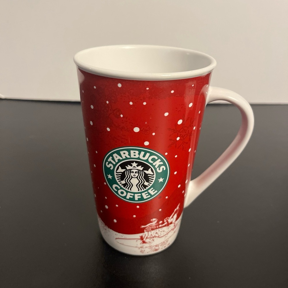 Starbucks Holiday 2007 Coffee Mug Red with Snowflakes and Ice Skaters 16 oz